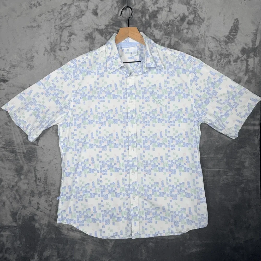 Rocawear Mens Button Up Shirt L White Short Sleeve Geometric Print Cotton - Picture 1 of 9
